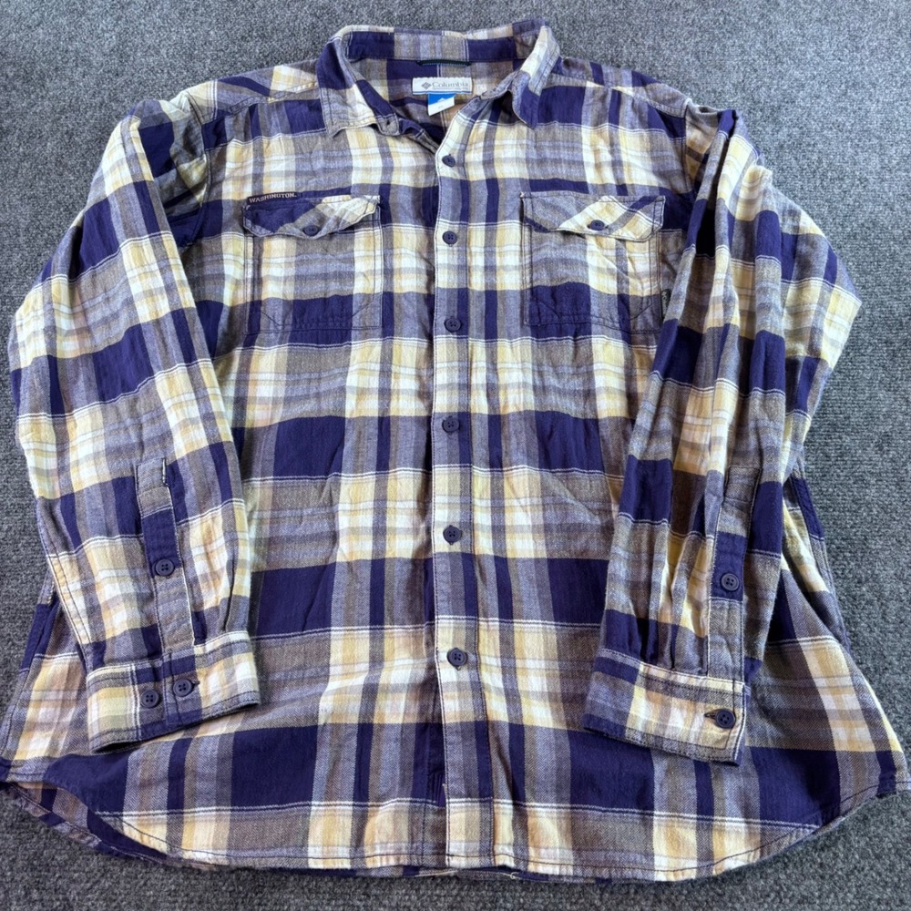 Columbia Flannel Shirt Mens XL Purple Gold UW Huskies‎ Plaid Cotton Button Down